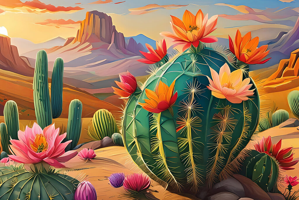 A cactus with flowers in the desert