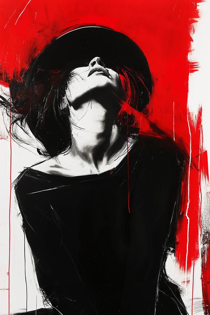 A woman with black hat and red background A woman with black hat and red background