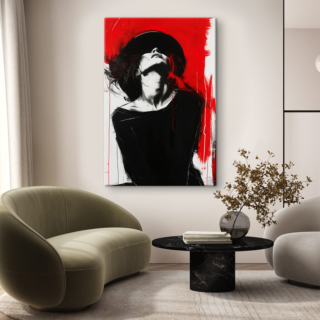 A woman with black hat and red background A woman with black hat and red background