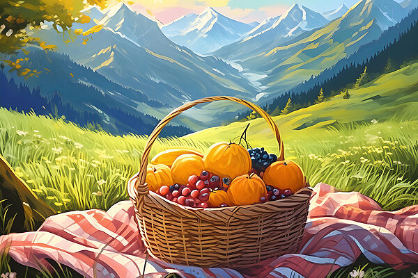 Ein Obstkorb auf einer Decke in einem grasbewachsenen Feld Ein Obstkorb auf einer Decke in einem grasbewachsenen Feld