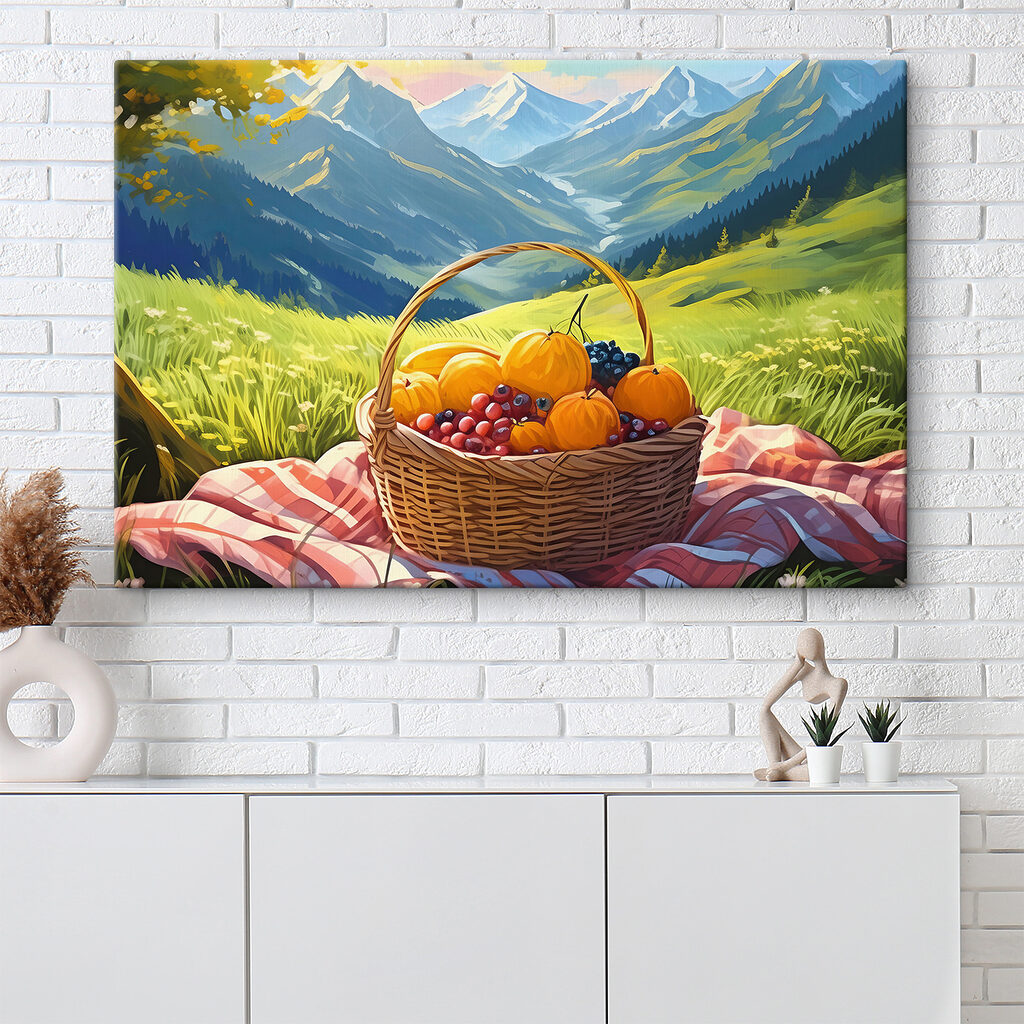 A basket of fruit on a blanket in a grassy field A basket of fruit on a blanket in a grassy field