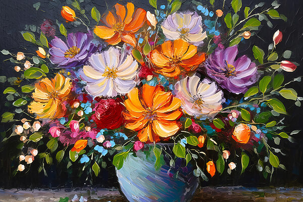 Ein Gemälde mit Blumen in einer blauen Vase Ein Gemälde mit Blumen in einer blauen Vase