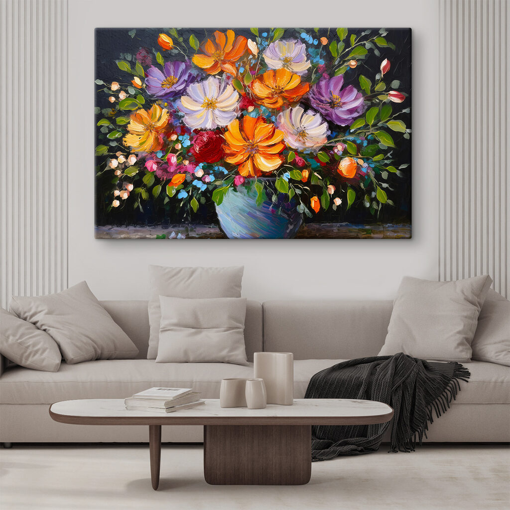 A painting of flowers in a blue vase