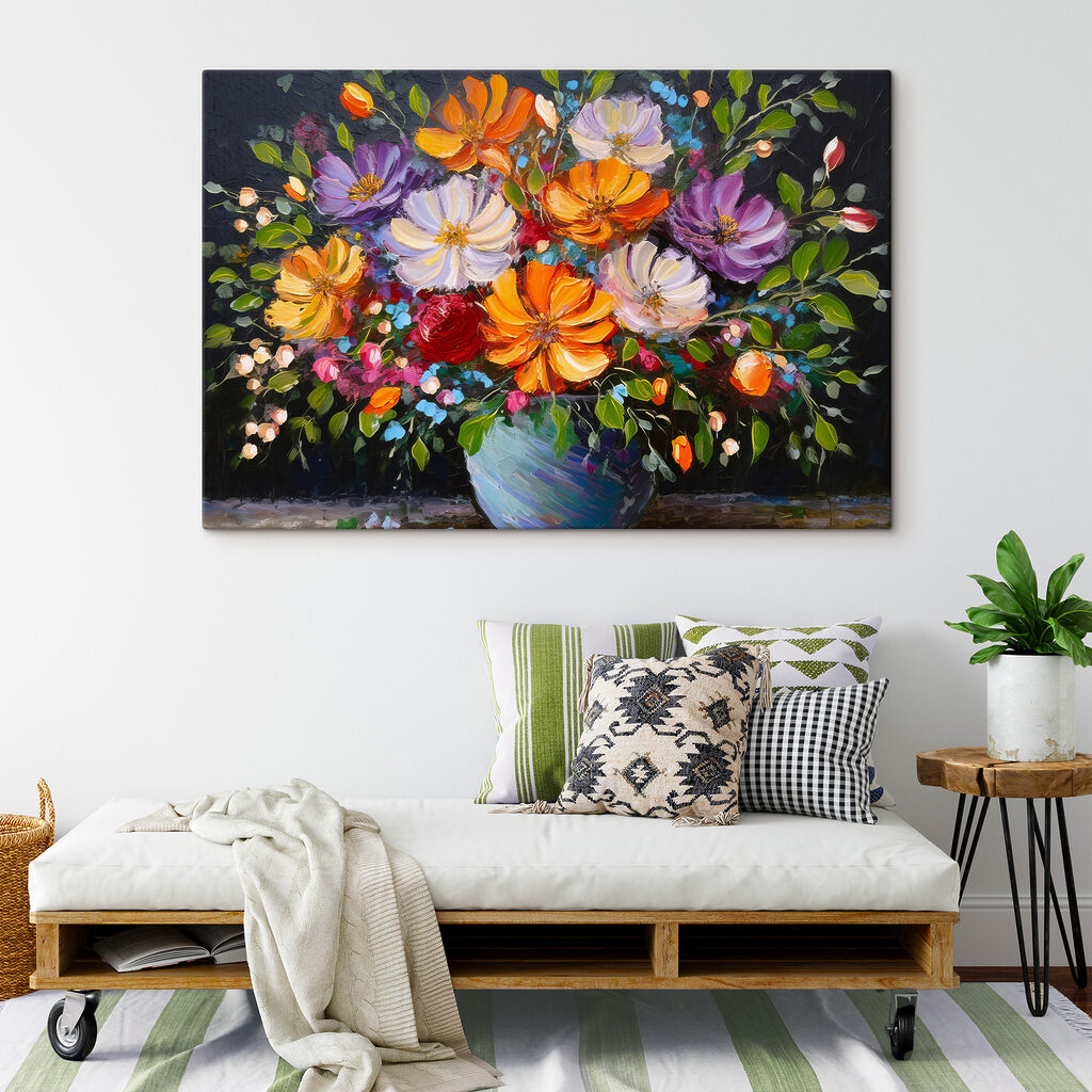 A painting of flowers in a blue vase