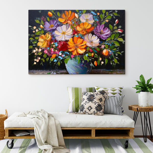 Ein Gemälde mit Blumen in einer blauen Vase Ein Gemälde mit Blumen in einer blauen Vase