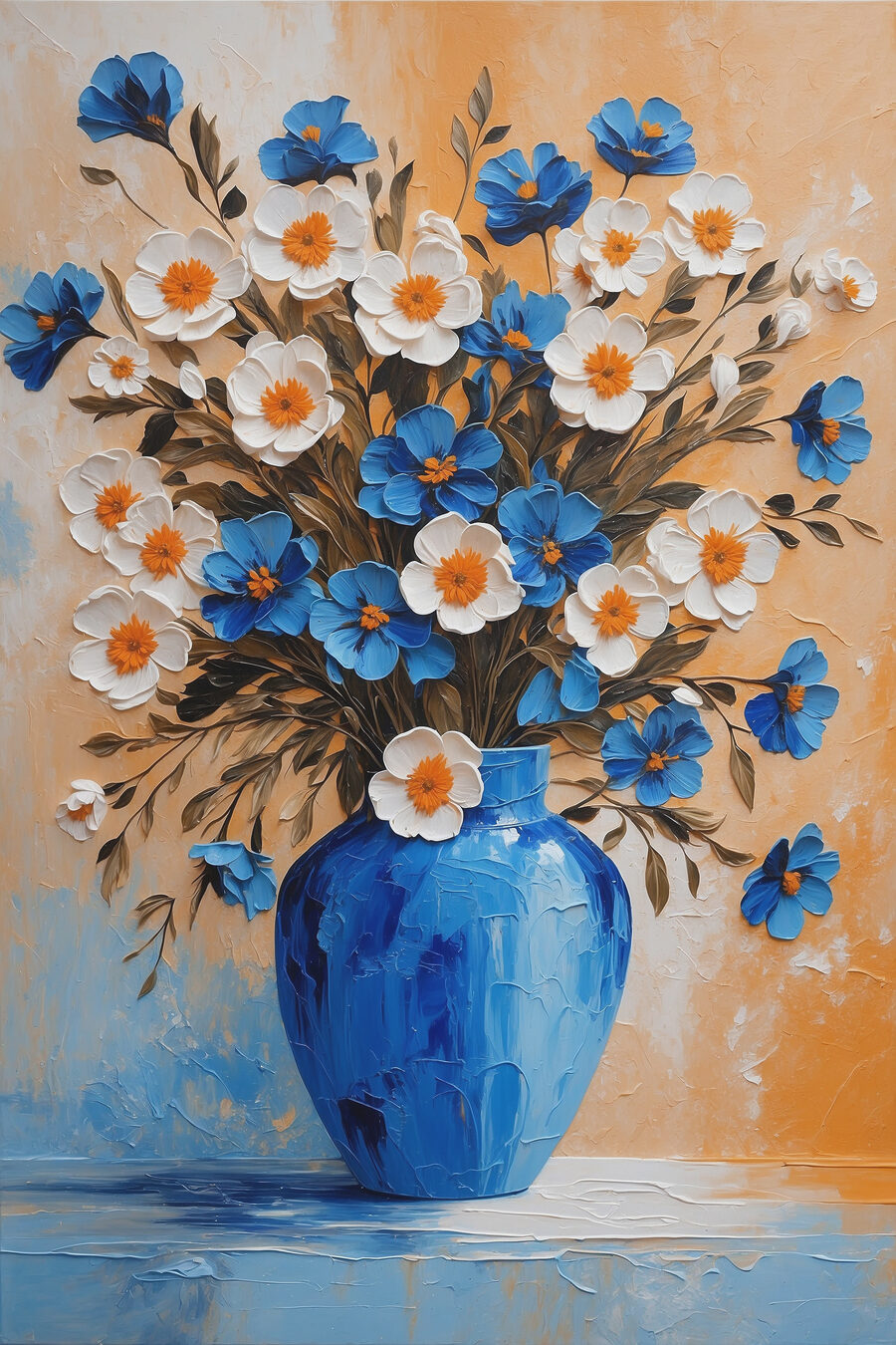 Ein Gemälde mit Blumen in einer blauen Vase