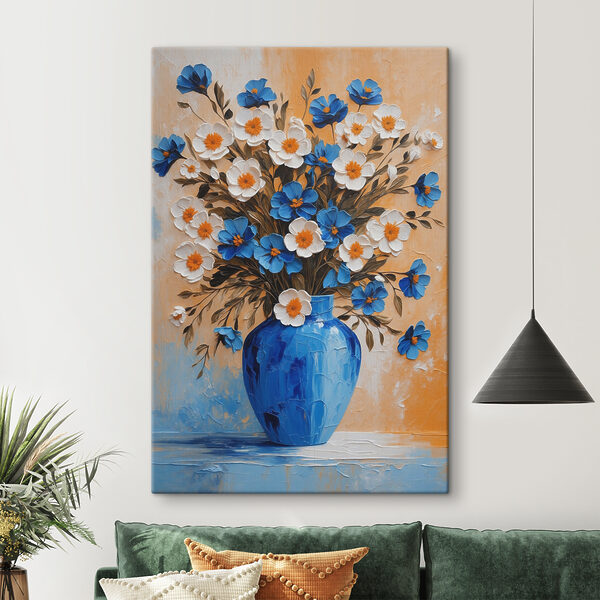 Ein Gemälde mit Blumen in einer blauen Vase Ein Gemälde mit Blumen in einer blauen Vase