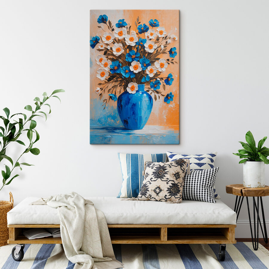 Ein Gemälde mit Blumen in einer blauen Vase