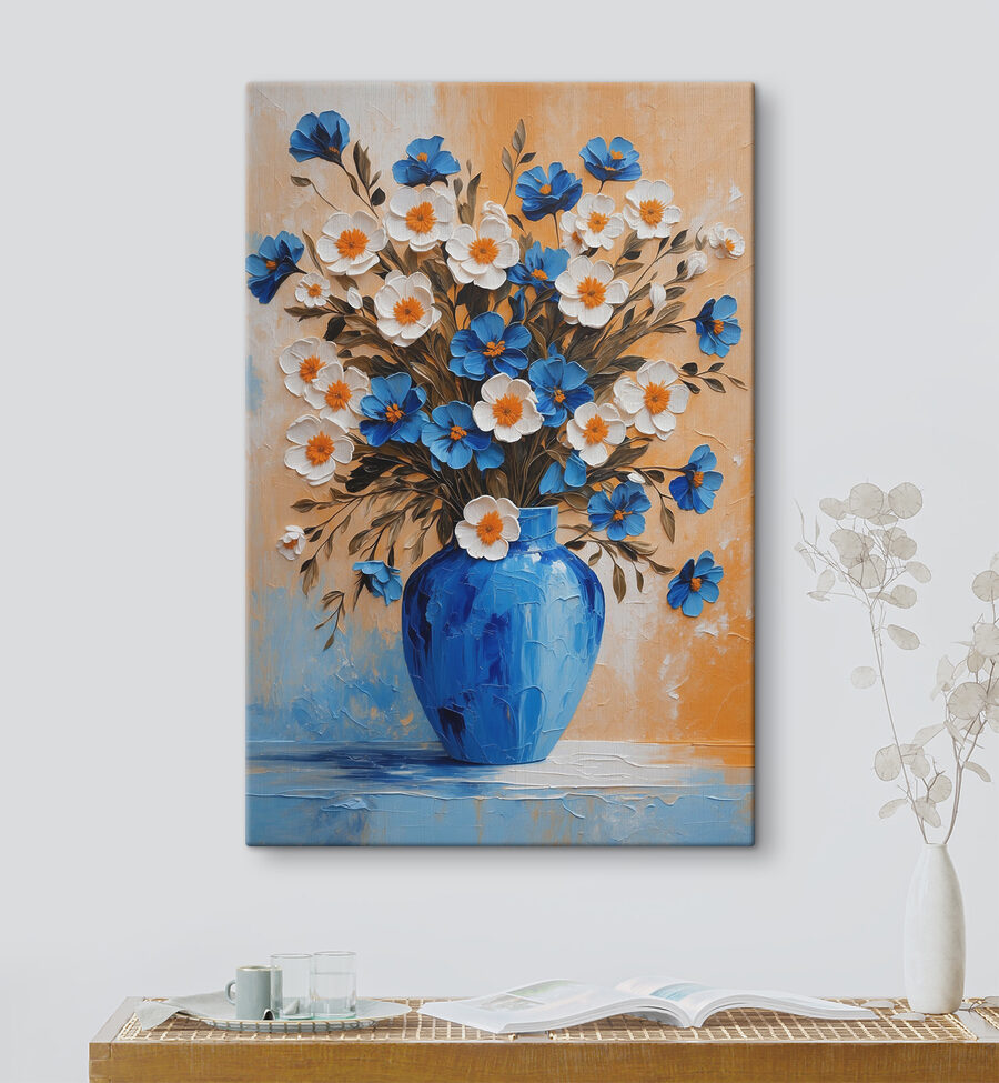 Ein Gemälde mit Blumen in einer blauen Vase