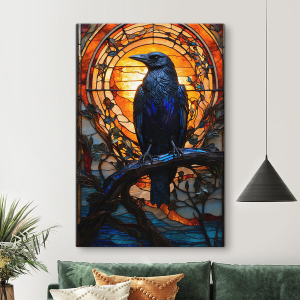 Ein Buntglasfenster mit einem Vogel auf einem Ast Ein Buntglasfenster mit einem Vogel auf einem Ast