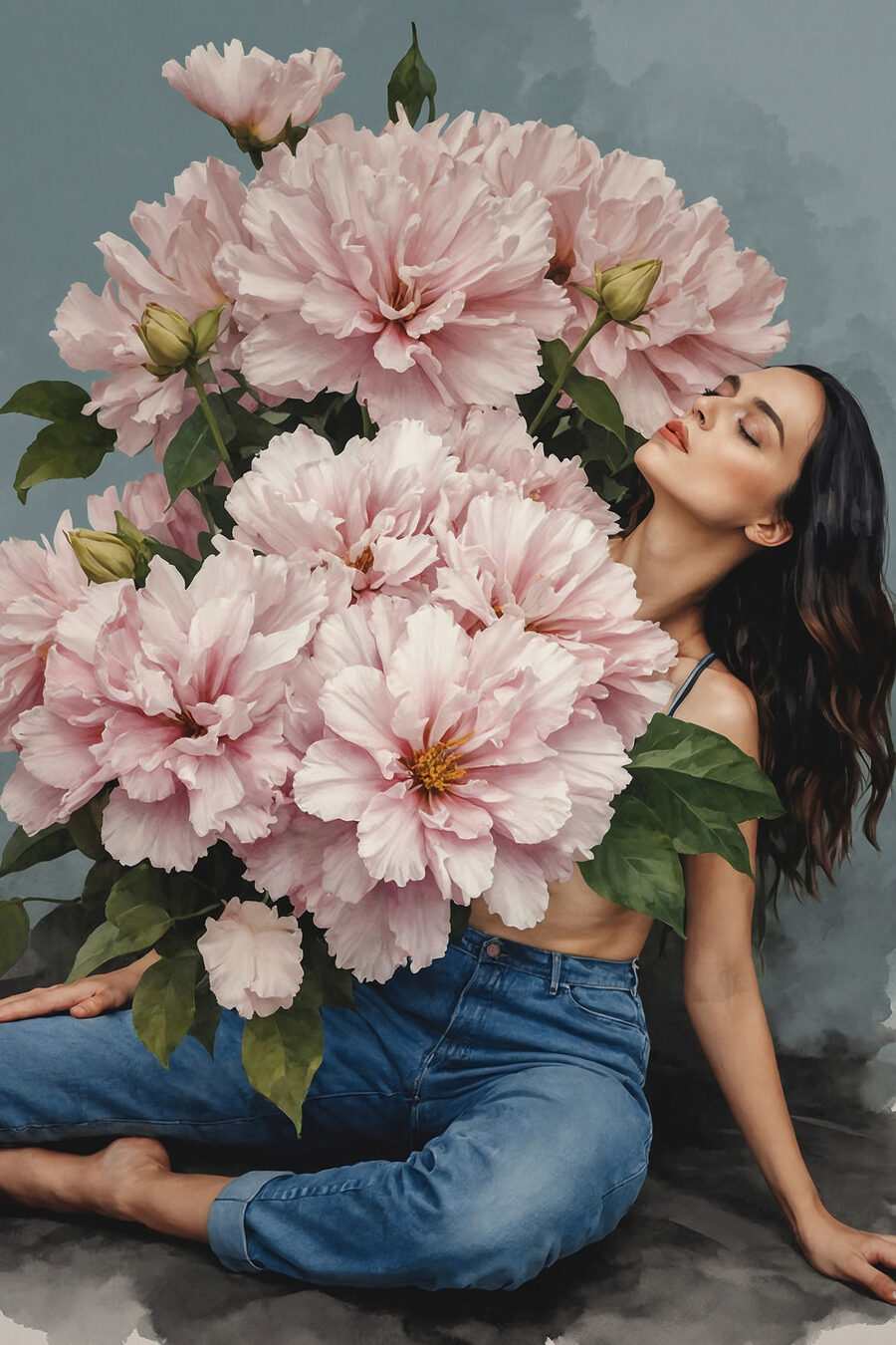 Eine auf dem Boden sitzende Frau mit einem großen Blumenstrauß