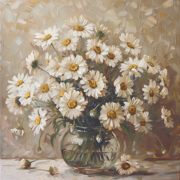 A painting of a vase of flowers