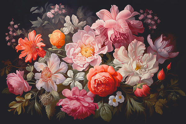 Ein Gemälde mit Blumen auf schwarzem Hintergrund Ein Gemälde mit Blumen auf schwarzem Hintergrund