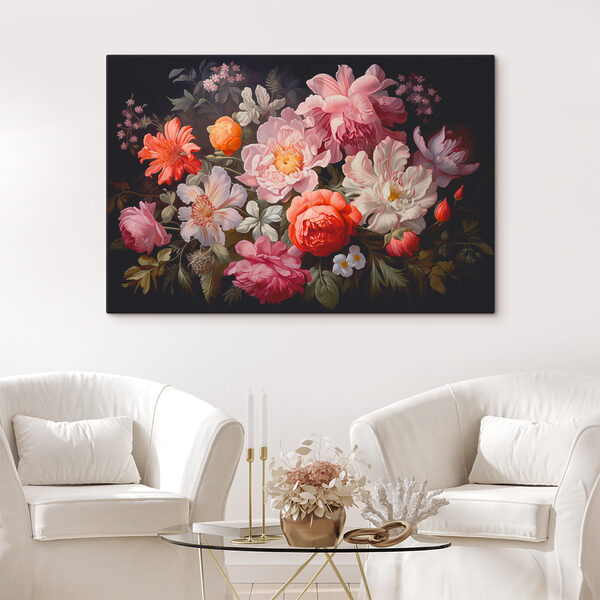 Ein Gemälde mit Blumen auf schwarzem Hintergrund Ein Gemälde mit Blumen auf schwarzem Hintergrund
