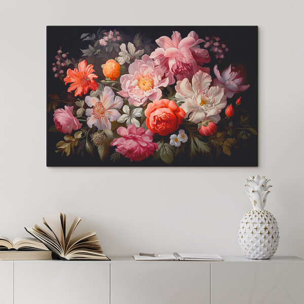 Ein Gemälde mit Blumen auf schwarzem Hintergrund Ein Gemälde mit Blumen auf schwarzem Hintergrund