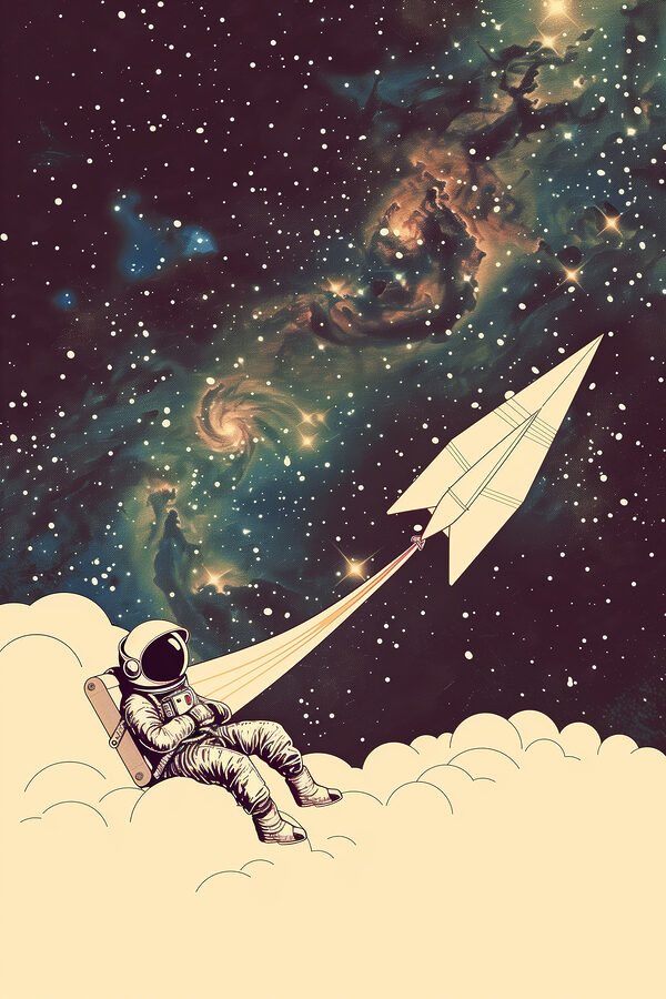 An astronaut sitting on a cloud with a paper plane in the sky
