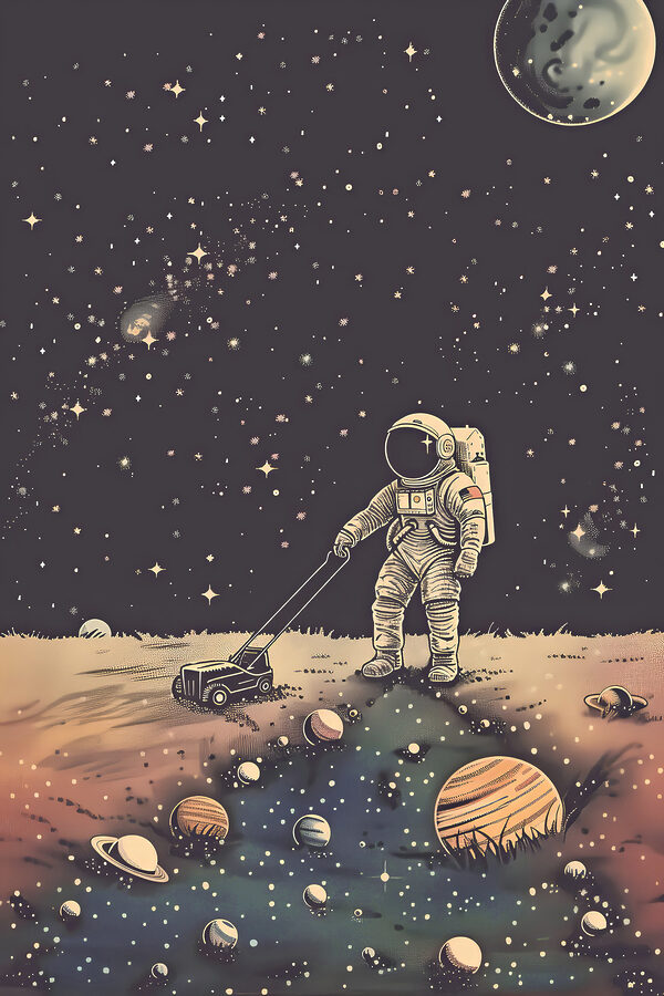 Ein Astronaut, der im Weltraum einen Rasenmäher zieht Ein Astronaut, der im Weltraum einen Rasenmäher zieht