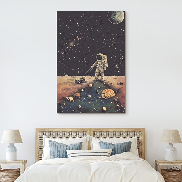 Ein Astronaut, der im Weltraum einen Rasenmäher zieht Ein Astronaut, der im Weltraum einen Rasenmäher zieht