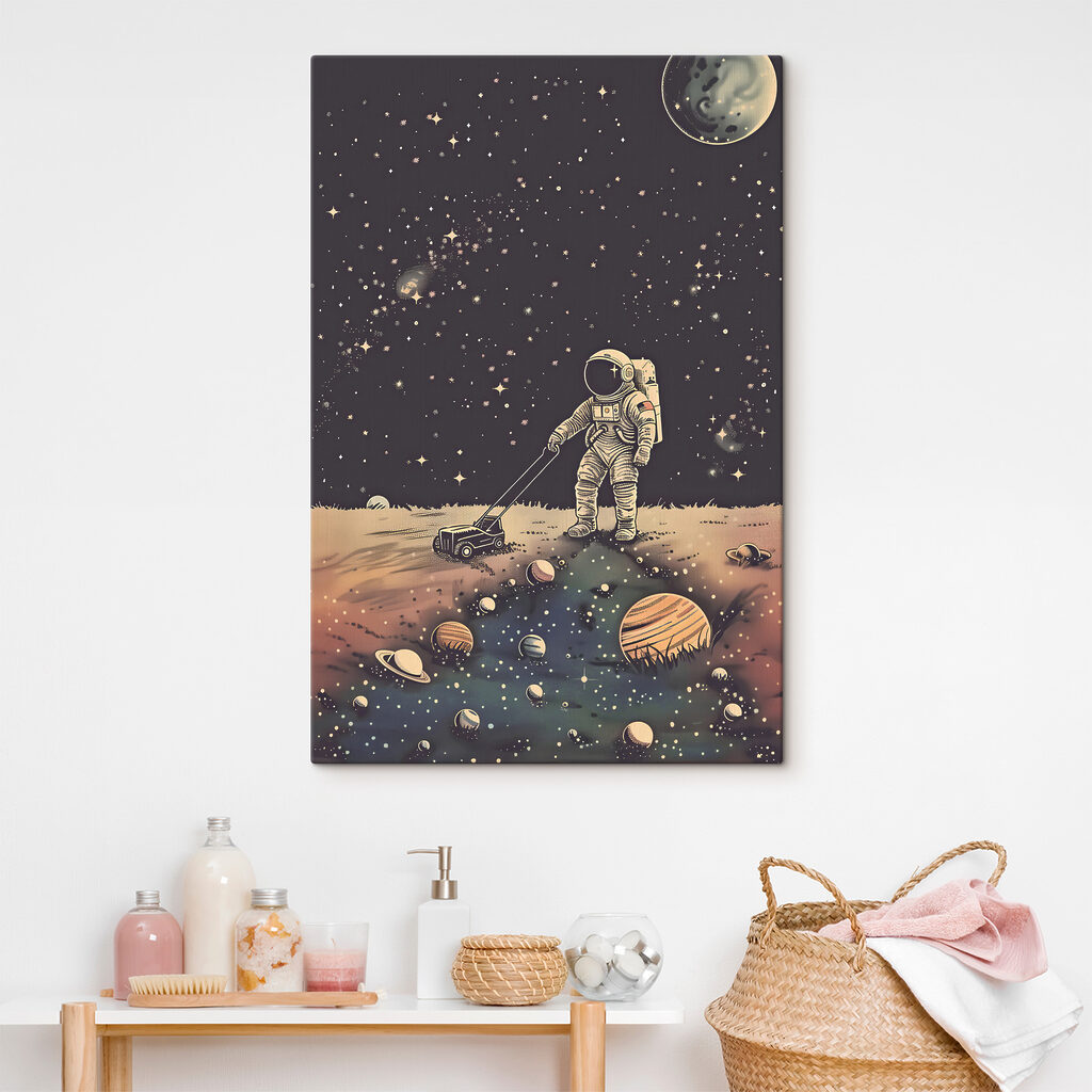 A astronaut pulling a lawnmower in space