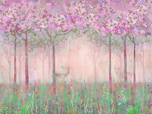 Ein Gemälde eines Waldes mit rosa Blumen und Bäumen Ein Gemälde eines Waldes mit rosa Blumen und Bäumen