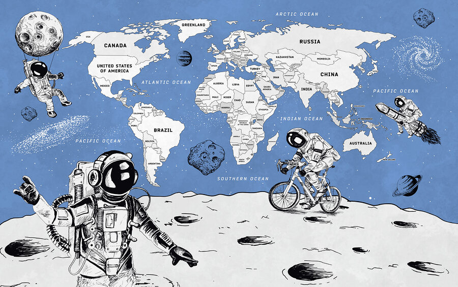 Eine Zeichnung von zwei Astronauten auf dem Mond