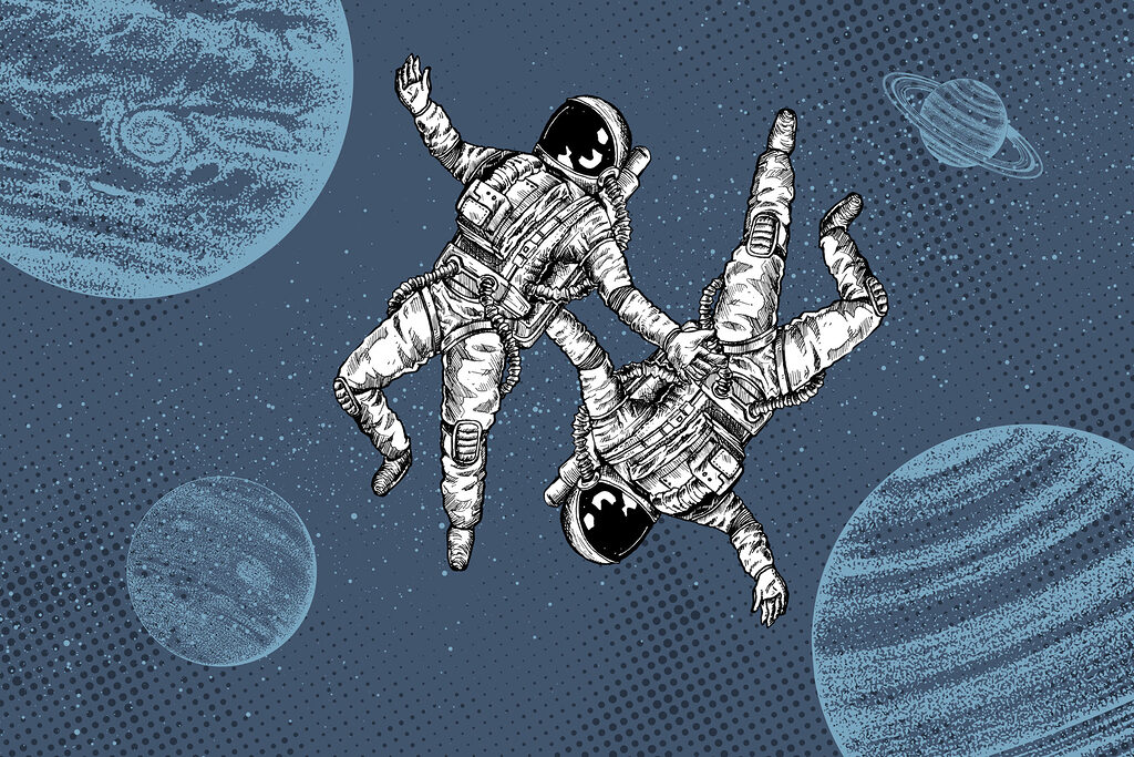 Zwei Astronauten schweben im Weltraum Zwei Astronauten schweben im Weltraum