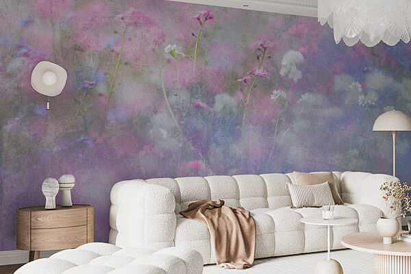Ein Blumenfeld mit lila und weißen Blumen Ein Blumenfeld mit lila und weißen Blumen