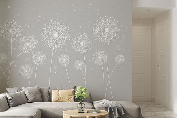 Eine weiße Pusteblume auf grauem Hintergrund Eine weiße Pusteblume auf grauem Hintergrund