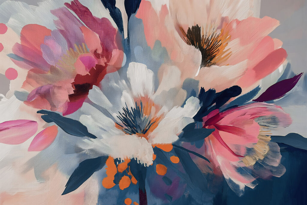 Ein Gemälde mit Blumen auf einem Stoff Ein Gemälde mit Blumen auf einem Stoff