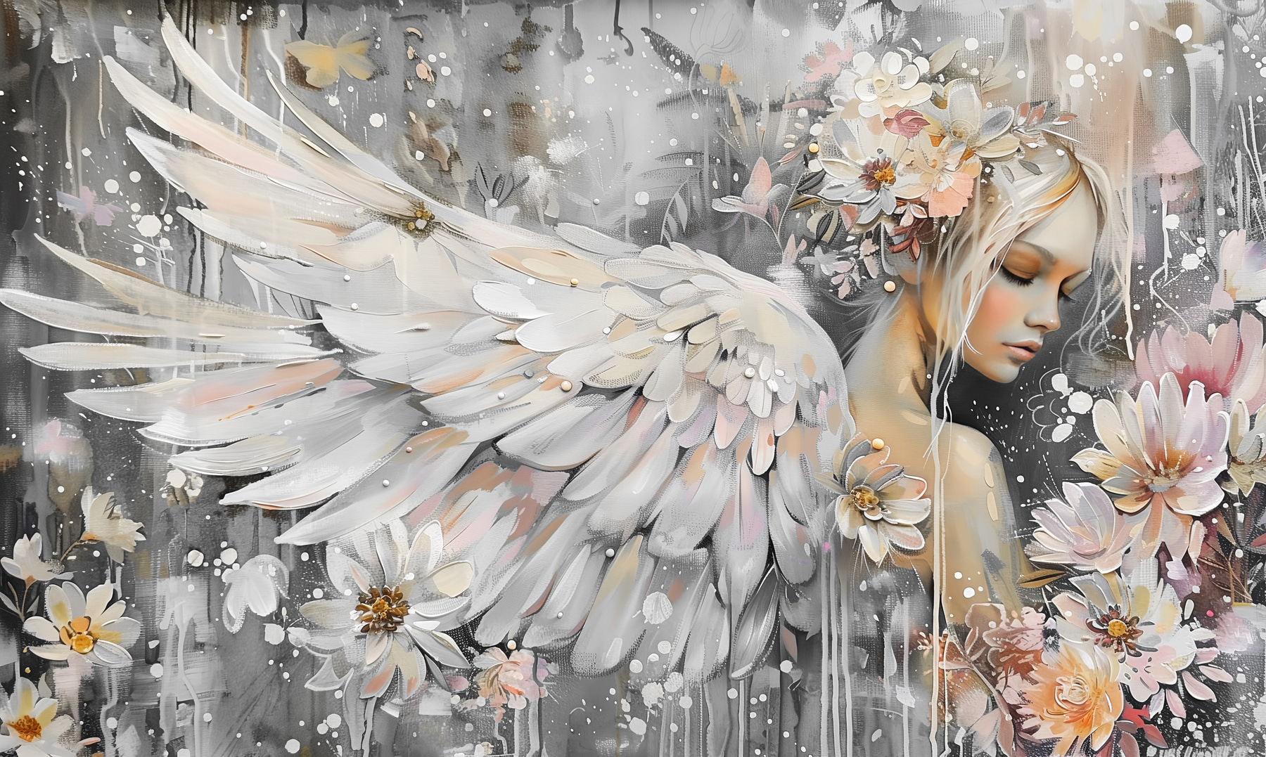 A painting of a woman with wings and flowers