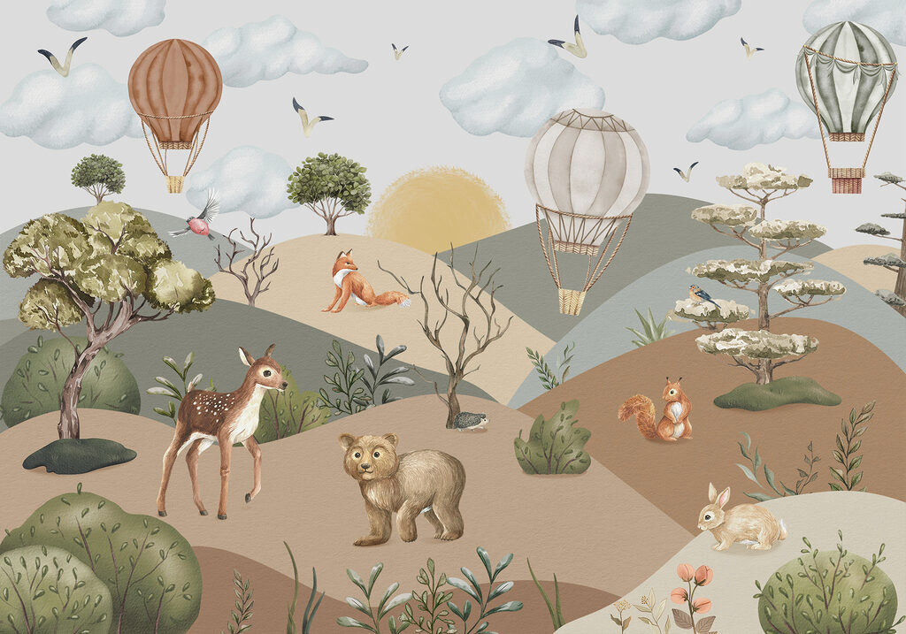 Eine Landschaft mit Tieren und Heißluftballons Eine Landschaft mit Tieren und Heißluftballons