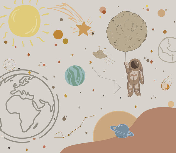 Eine Karikatur eines Astronauten, der einen Planeten im Weltraum hält Eine Karikatur eines Astronauten, der einen Planeten im Weltraum hält