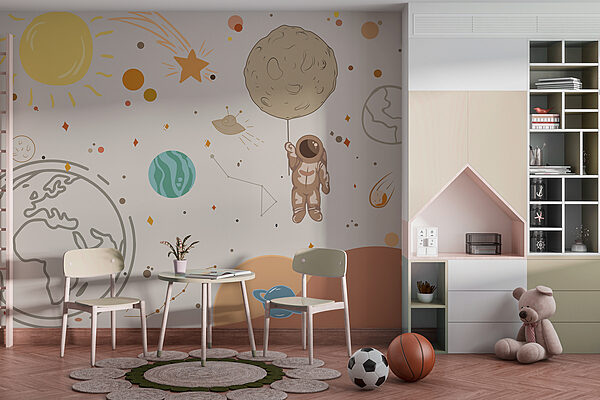 Eine Karikatur eines Astronauten, der einen Planeten im Weltraum hält Eine Karikatur eines Astronauten, der einen Planeten im Weltraum hält