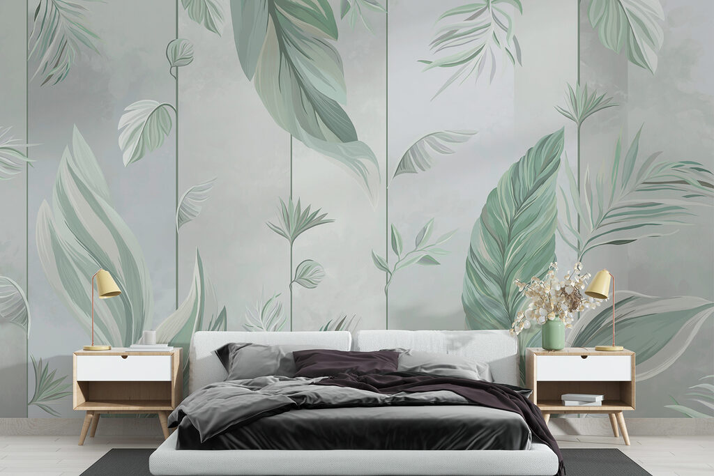 A wallpaper with leaves and flowers