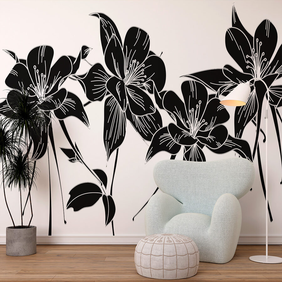 Fototapeten Eine schwarz-weiße Zeichnung von Blumen – Bild 2