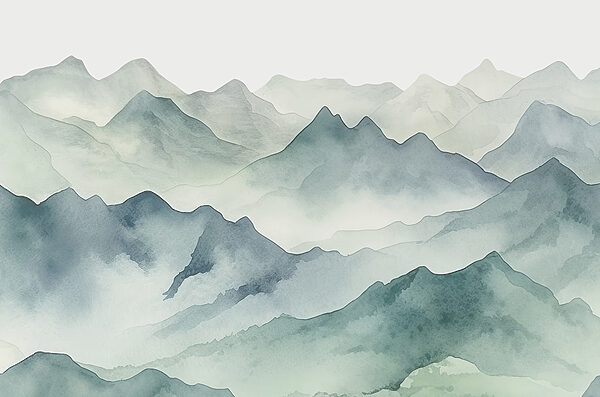 Ein Aquarell von Bergen und Nebel Ein Aquarell von Bergen und Nebel