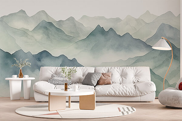 Ein Aquarell von Bergen und Nebel Ein Aquarell von Bergen und Nebel