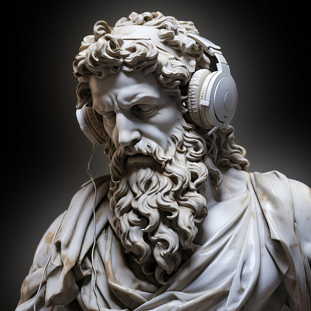 A statue of a bearded man wearing headphones