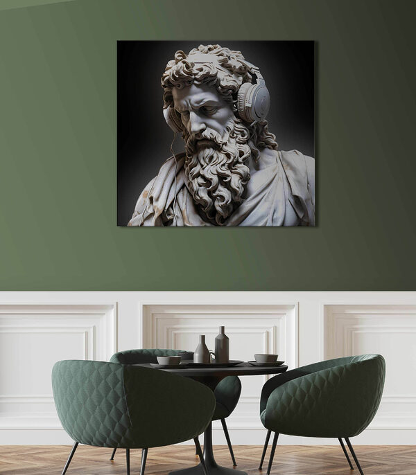 A statue of a bearded man wearing headphones