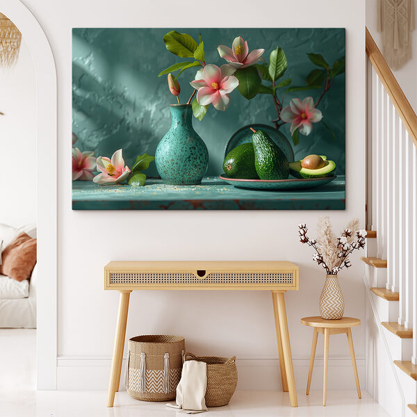 A vase with flowers in it and avocados on a plate A vase with flowers in it and avocados on a plate
