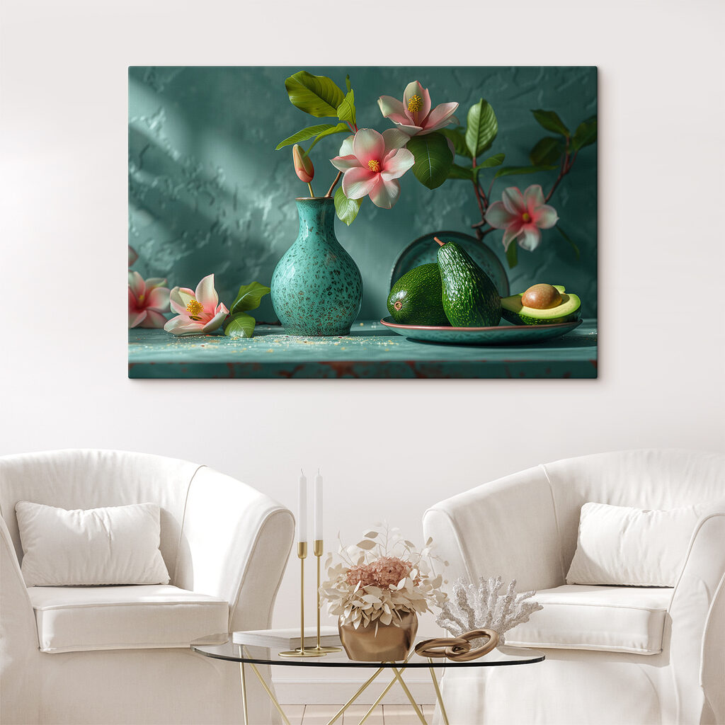 A vase with flowers in it and avocados on a plate A vase with flowers in it and avocados on a plate