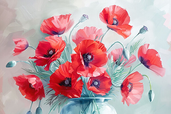 A painting of red flowers in a vase