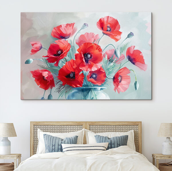 A painting of red flowers in a vase