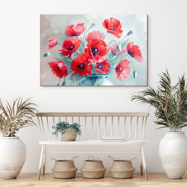 A painting of red flowers in a vase