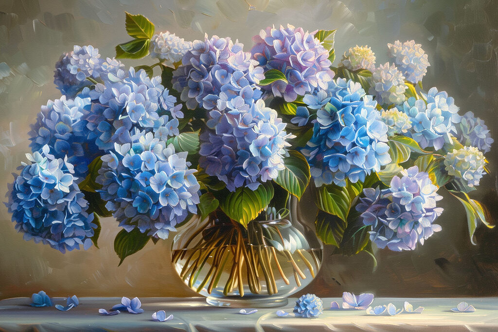 A painting of blue flowers in a glass vase A painting of blue flowers in a glass vase