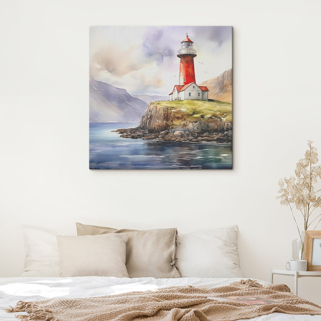 A watercolor painting of a lighthouse on a cliff A watercolor painting of a lighthouse on a cliff