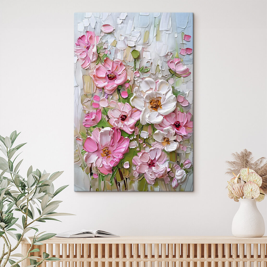 A painting of flowers on a white surface A painting of flowers on a white surface