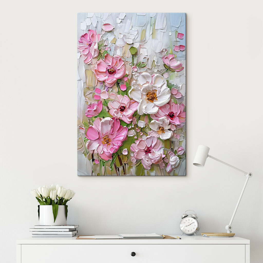 A painting of flowers on a white surface A painting of flowers on a white surface