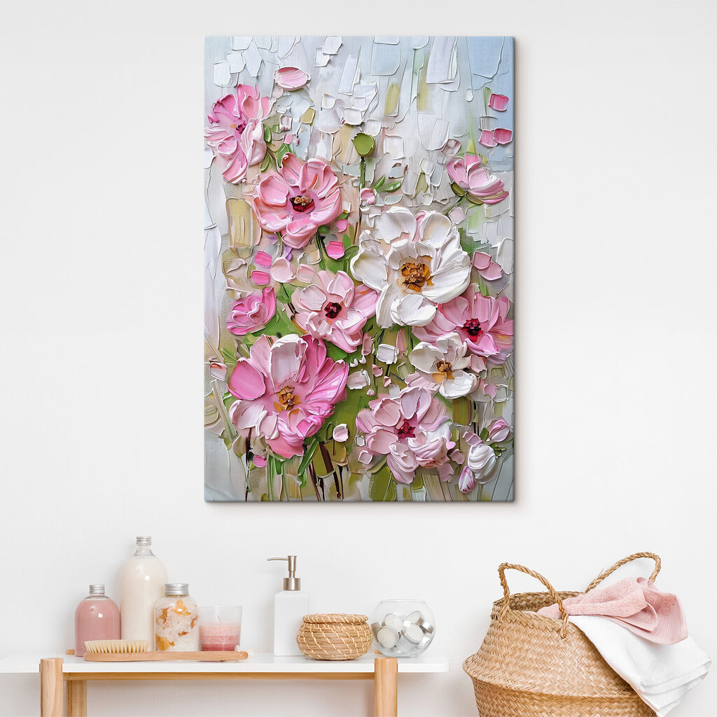 A painting of flowers on a white surface A painting of flowers on a white surface
