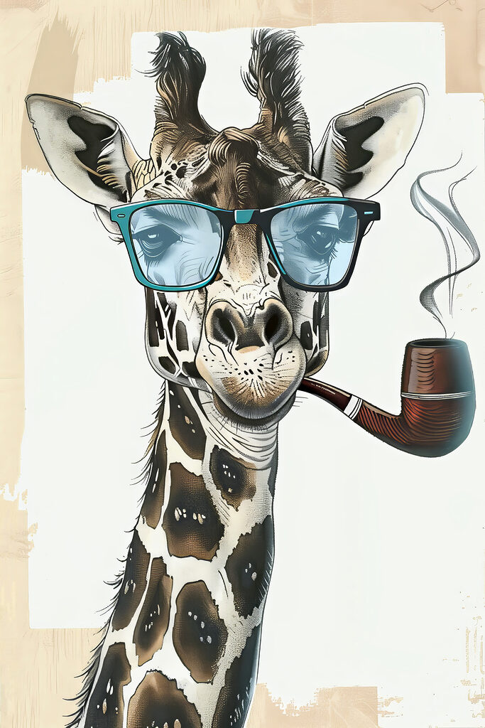 A giraffe wearing sunglasses and smoking pipe A giraffe wearing sunglasses and smoking pipe